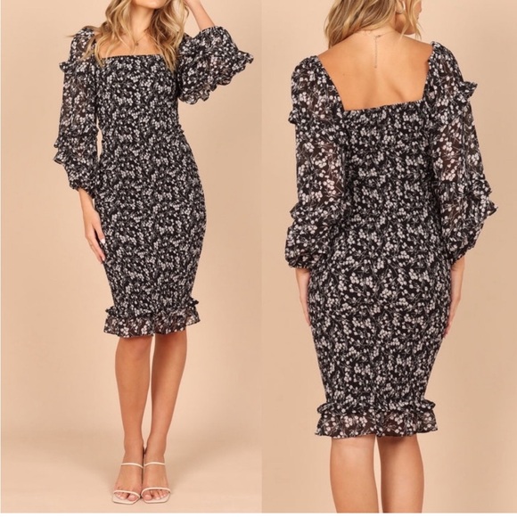 PETAL + PUP BONITA SHIRRED FRILL LONG SLEEVE BODYCON MIDI DRESS BLACK FLORAL 2 - Picture 1 of 4